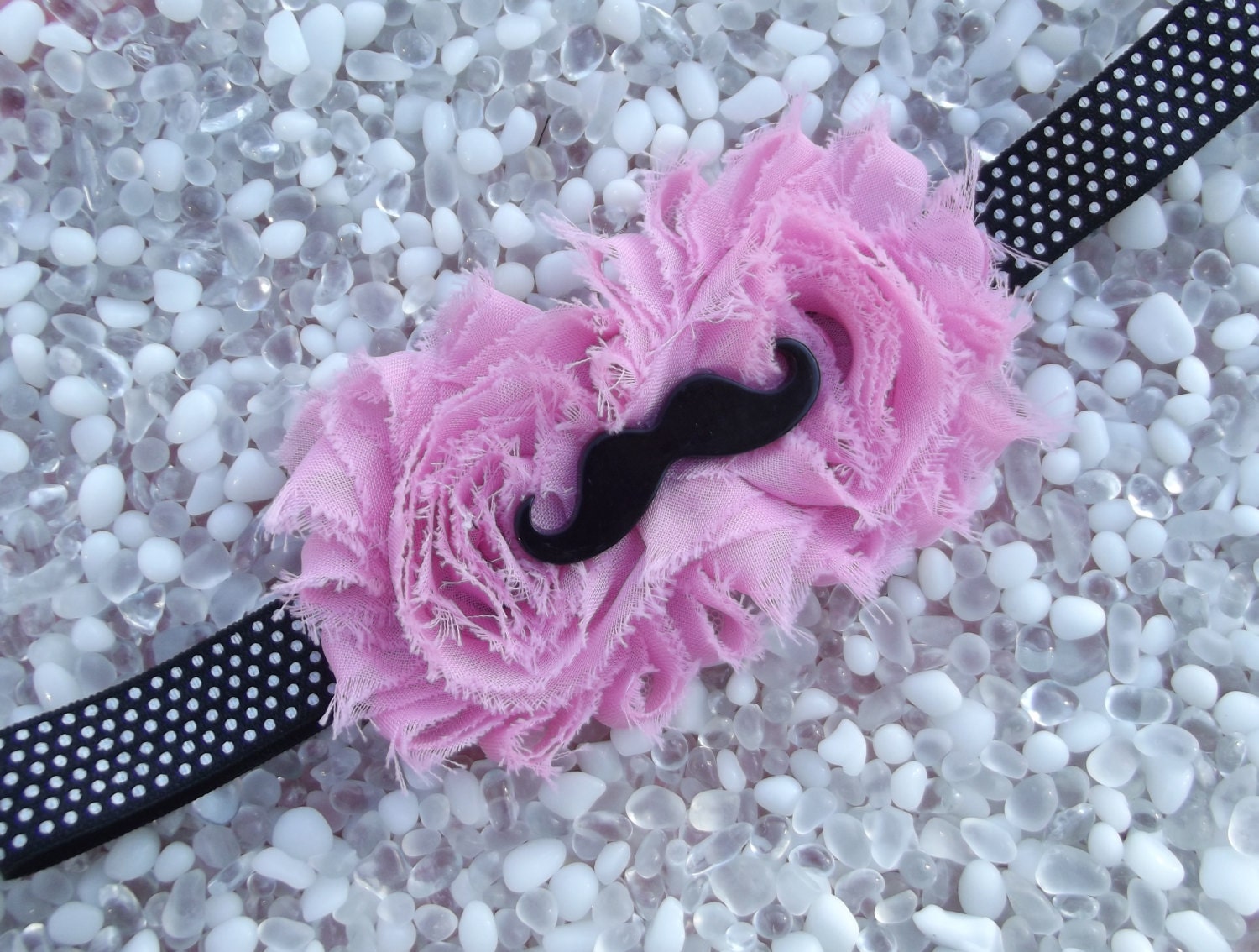 Mustache Shabby Chic Pink and Black Double Flower Headband - Baby -  Newborn - Infant - Toddler - Girl - Teen - Adult - Photo Prop