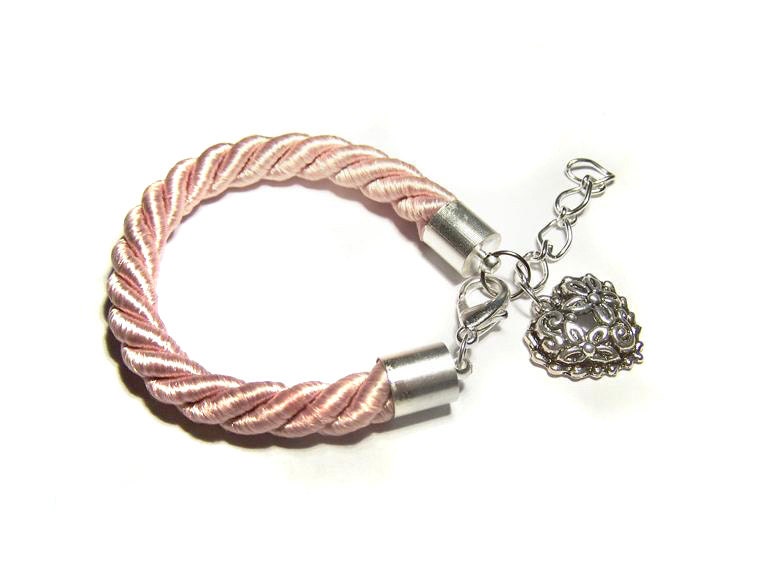 Blush pink thick silk cord bracelet with heart charm. Romantic dusty pink silk rope bridesmaids bracelet.