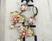Angels Garden Bouquet, Vintage Enamel Flowers, Pearls and Blush Pink Rhinestone Assemblage Earrings