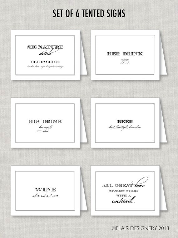 Wedding Cocktails, Drinks and More - Set of 6 Printable Tented Cards or Signs by Flair Designery Il_570xn