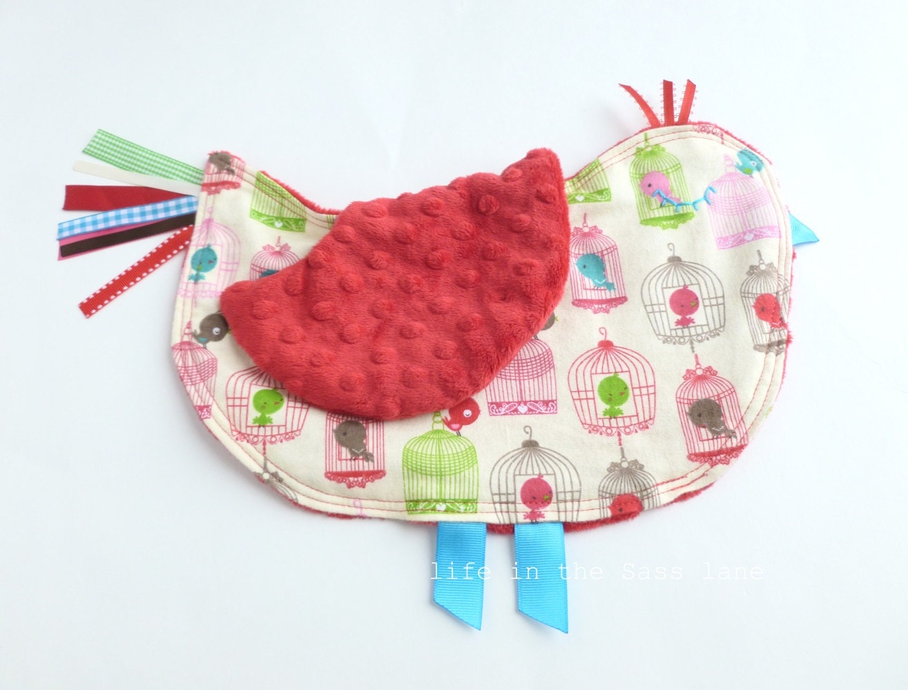 Birdie Blankie with Ribbon Tags Bird Print Flannel and Red Minky Blanket Lovey Lovie Baby Gift