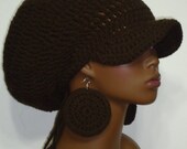 Chocolate Newsboy Crochet Cap with Earrings and Drawstring