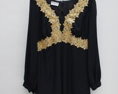 60s vintage black evening dress, gold floral appliques, exposed arms / shoulders - Large
