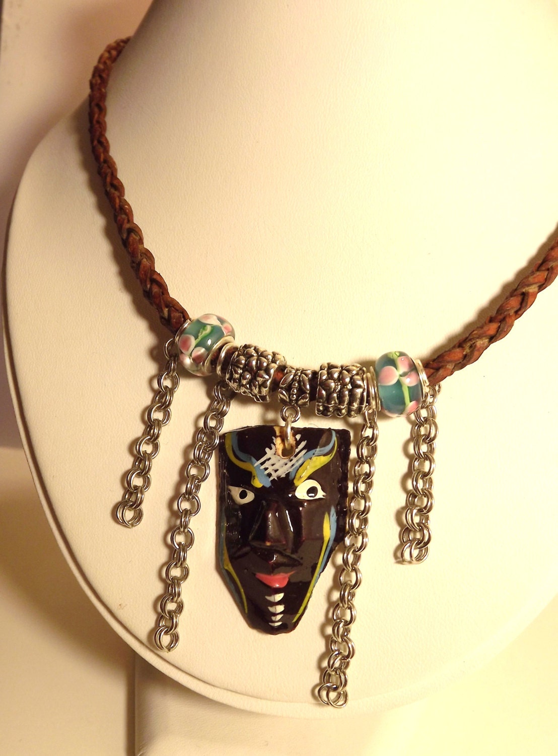 Vintage Tribal Mask Face Wood Pendant Leather Euro Large Hole Beaded Necklace