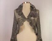 Midnight Dancer - Shrug Crochet Bolero Grey Charcoal 3/4 Sleeve Ruffle Wrap Shrug Bridal Bolero Jacket  Linen Viscose S-M-L