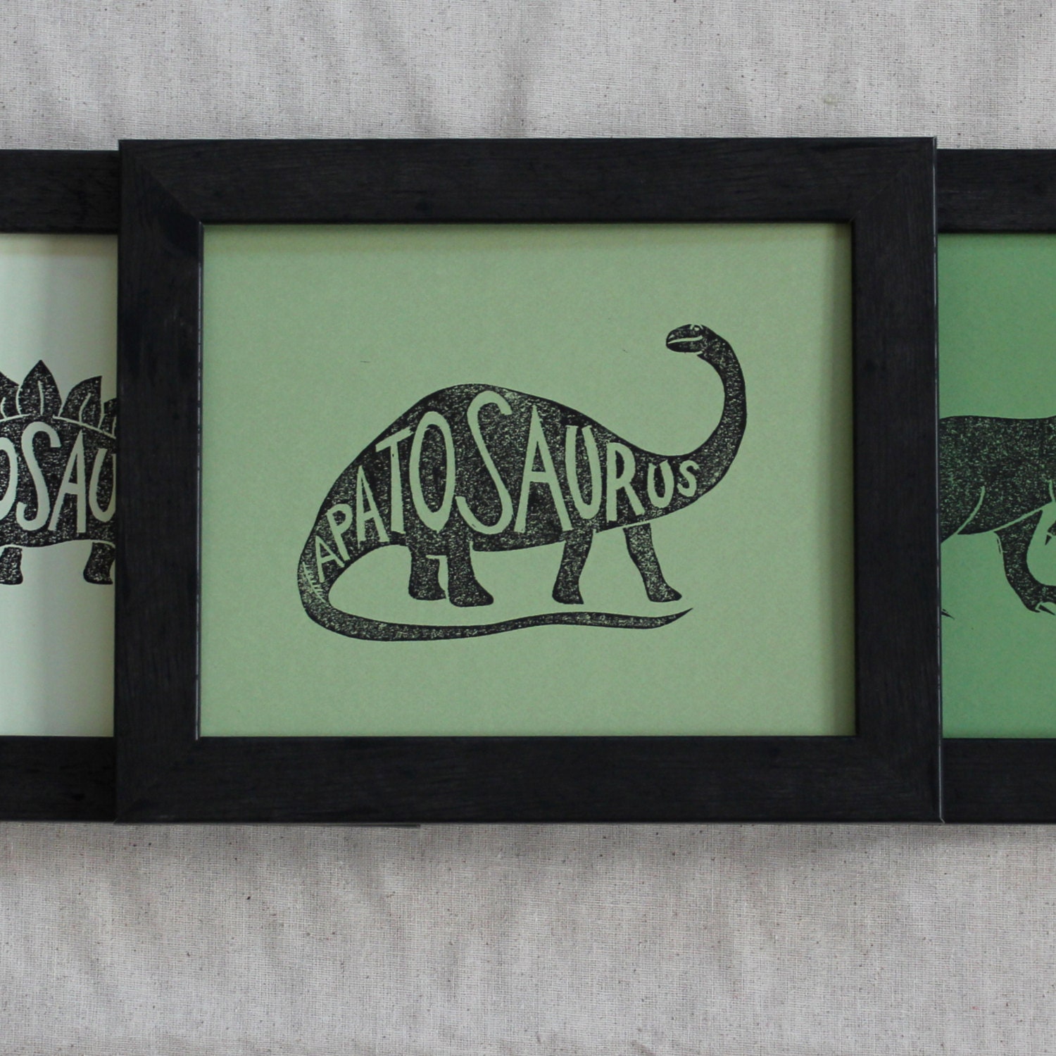 Dinosaur Art Prints, Set of three, Linoleum Block Print, 8 x 10