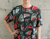 Short Sleeve Abstract Top / Floral Silky T-Shirt / Vintage Oversized Top