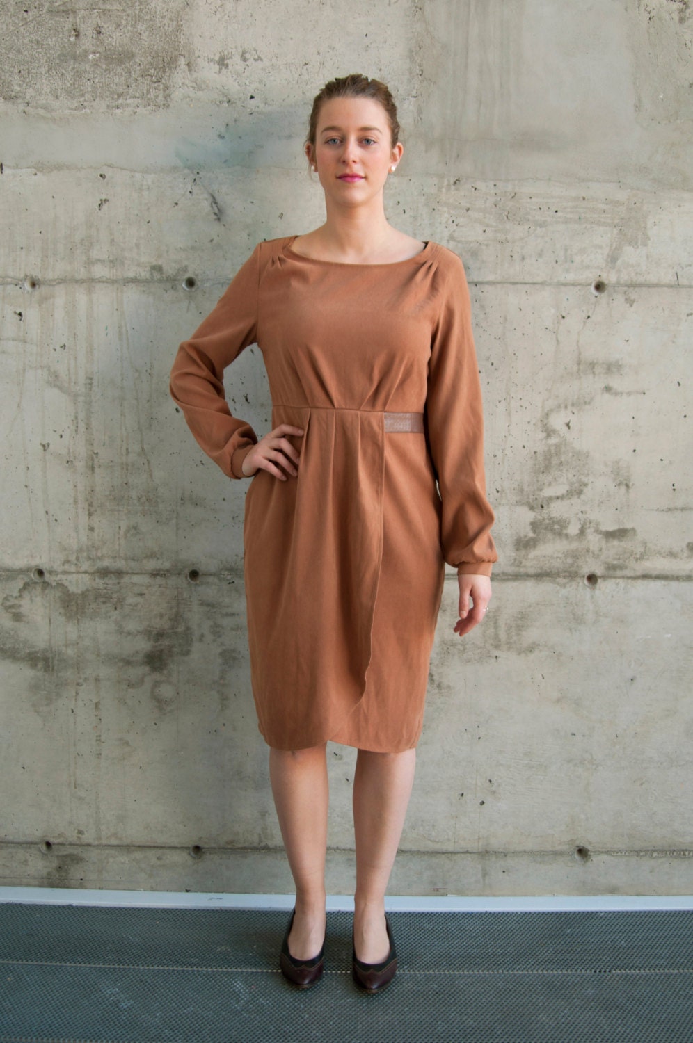 Suede Imitation Dress / Long Sleeve Structural Dress / Fall Winter Caramel Dress