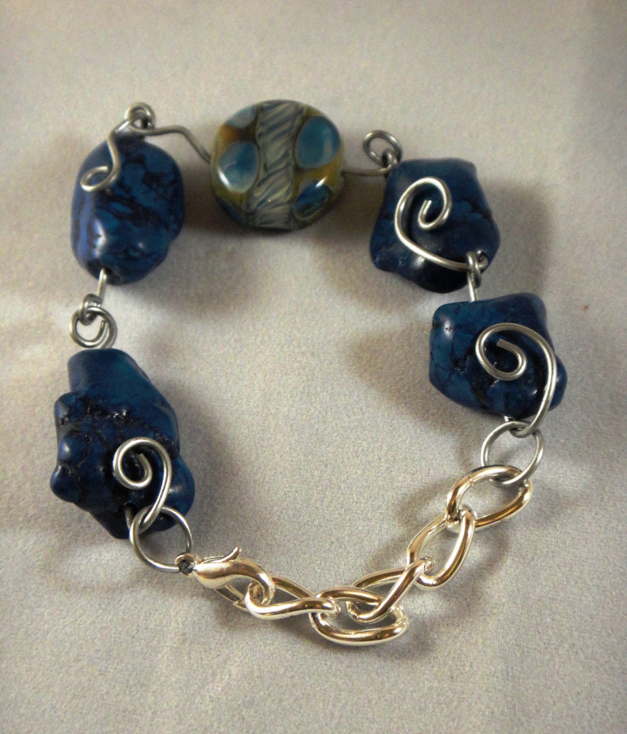 Blue nugget and lampwork adjustable bracelet