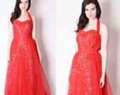 Vintage 1940s Fire Red Long Tulle Cocktail Evening Gown / Backless 50s Dress / Long Red 40s Dress / Red Bombshell Prom Dress /2233