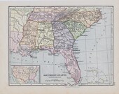 1898 Victorian SOUTHERN STATES map, United States. Old print.