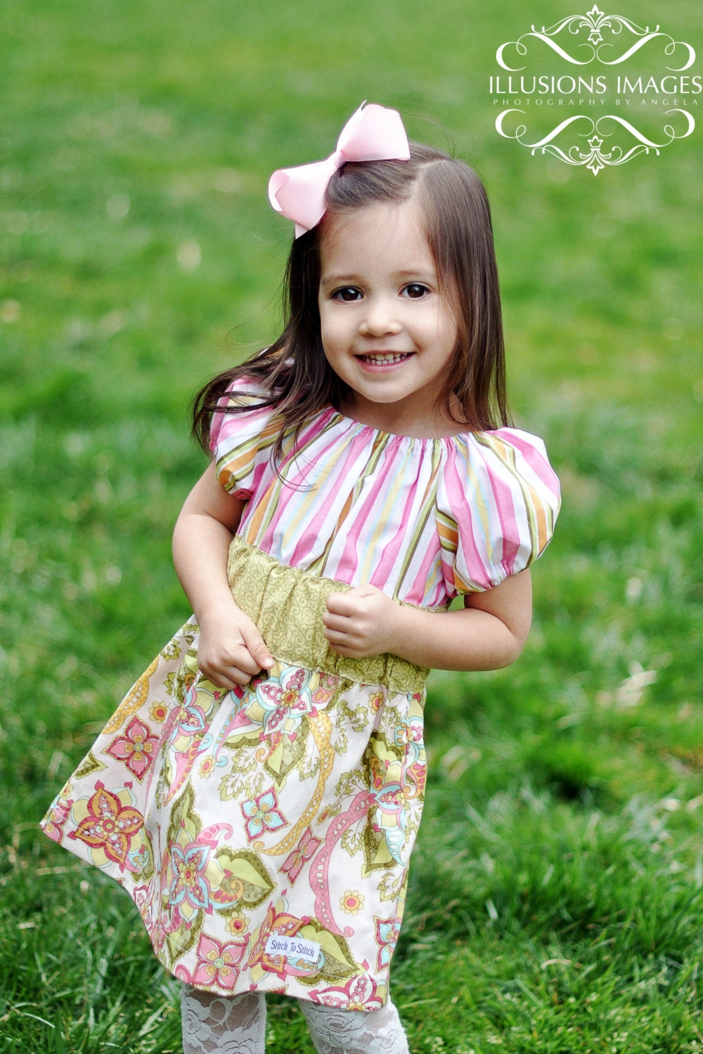 Girls Pink Yellow and Green Peasant Dress (sizes 6M to 6)