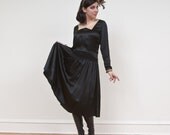 Vintage 1920s Black Satin and Ivory Lace Dress with Smocking, Small