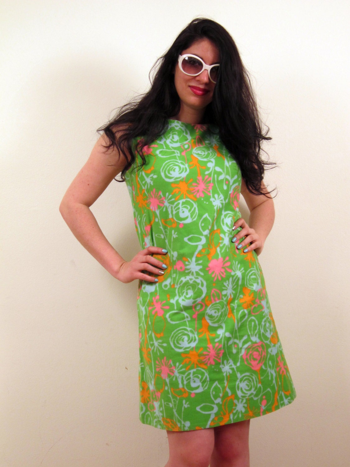 Vintage 1960s Shift Dress in Bright Green with Neon Orange and Pink Splatter Print