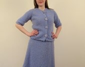 Vintage Blue Skirt Suit in Hand Knit Nubby Wool with Large Buttons Large