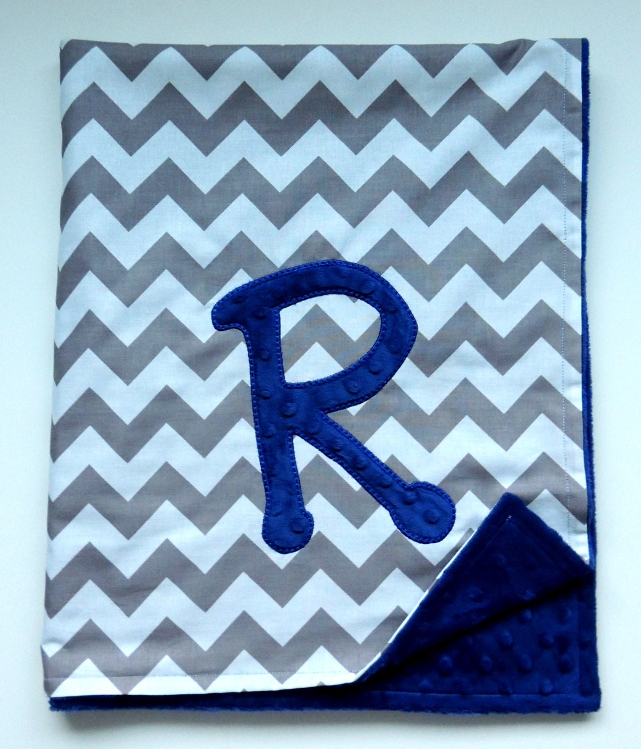Custom Initial Gray and Blue Minky Dot Blanket