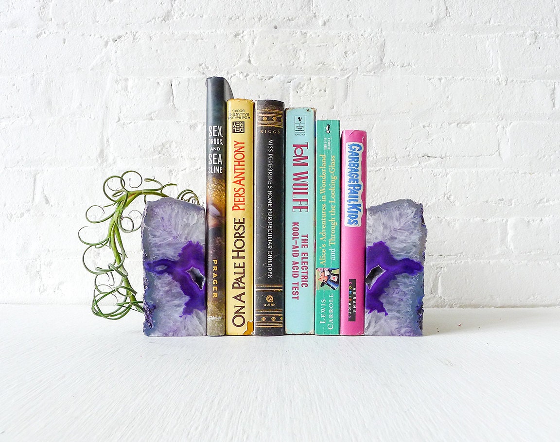 BookGardEndz- Crystal Bookends with Air Plant Garden - Purple Heart Agate Geode- Set of Two - Polished Inside and Natural Outside