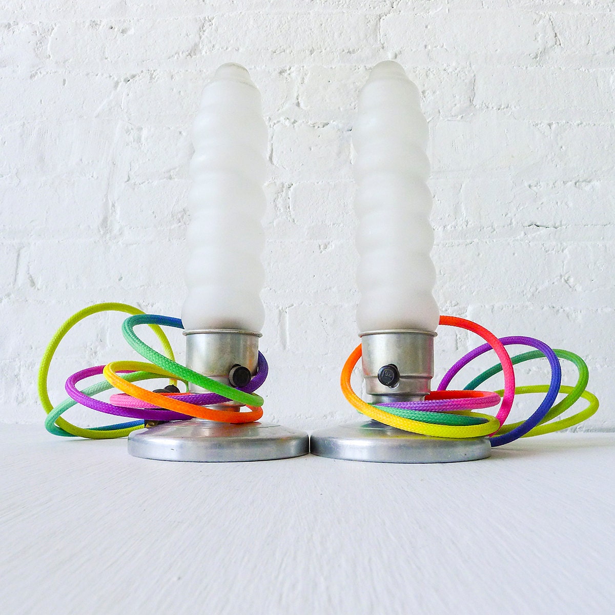 Vintage Art Deco Indusrial Pair of Bullet Lamps with Rainbow Color Cloth Cord