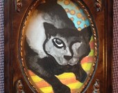 BLACK winking CAT Painting, Small, GOUACHE, comes framed, 7x9, original art