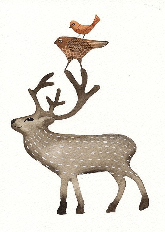 Watercolor Original Painted Art Bird by Lorisworld - Reindeer and birds