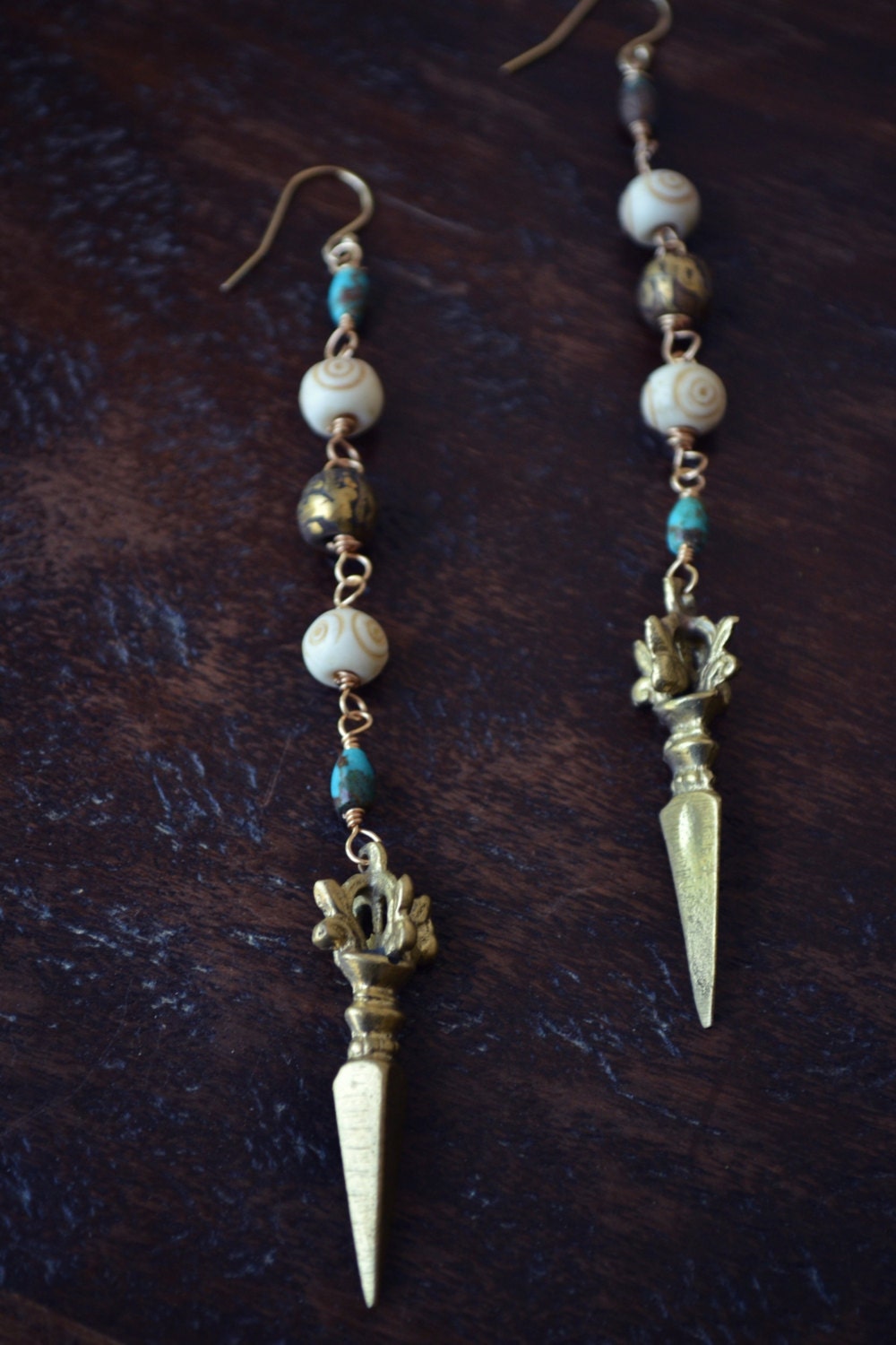 SPIRIT DAGGER /// Earthy Brass, Turquoise, Bone /// Boho Tribal Earrings
