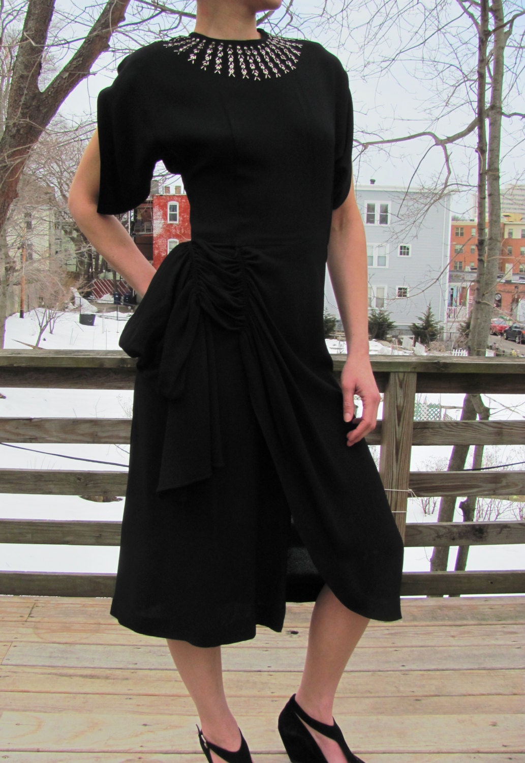 Black 40s Evening Dress Beaded Asymmetrical Draping Sexy Slit Small
