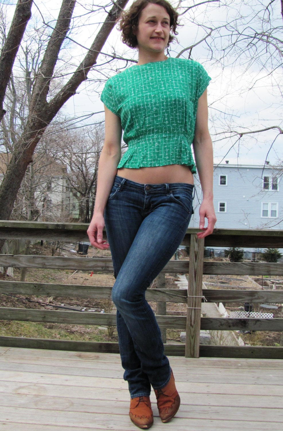 Checkered Past Green and White Checked Peplum Short Sleeve Blouse with Keyhole Small
