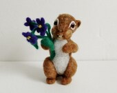 Chipmunk  needle felted eco friendly  soft sculpture with bouquet of violets