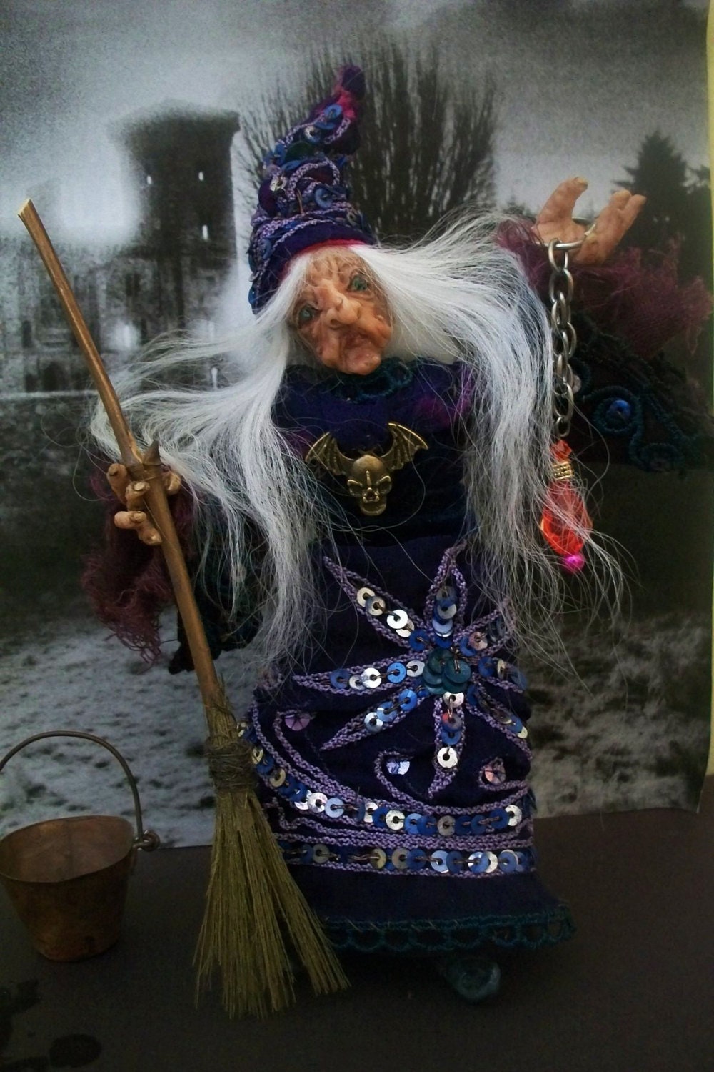 Miniature Witch Art Doll OOAK, handsculpted, Purple and Blue Sequin Star Dress with Chrystal Lamp, Broom, 5 1/2 inches tall Poseable