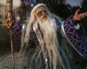 Miniature Wizard Art Doll OOAK, handsculpted,Silver and Blue Velvet with Pearl Sceptre, 6 inches tall Poseable, Harry Potter Dumbledore