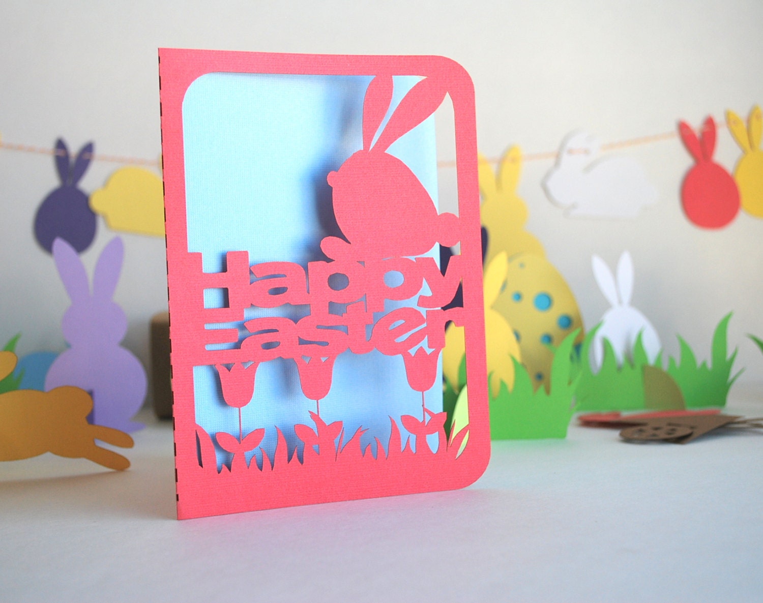 ON SALE card, Happy Bunny paper cut Card or egg hunt Party Invitation A561 Il_570xn
