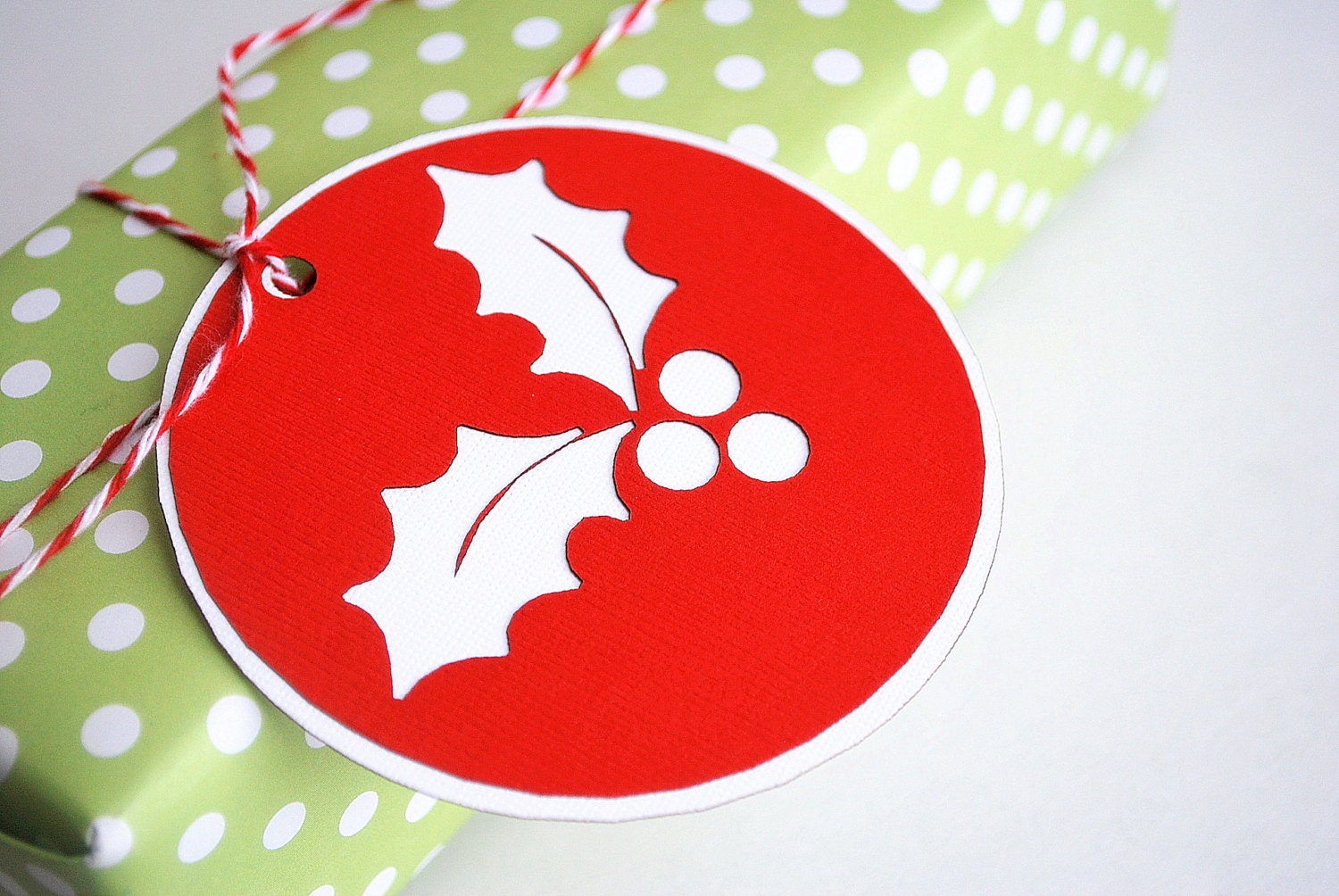Christmas Holly  Die Cut Christmas Tags or Package Labels Set of 6 Tags A628