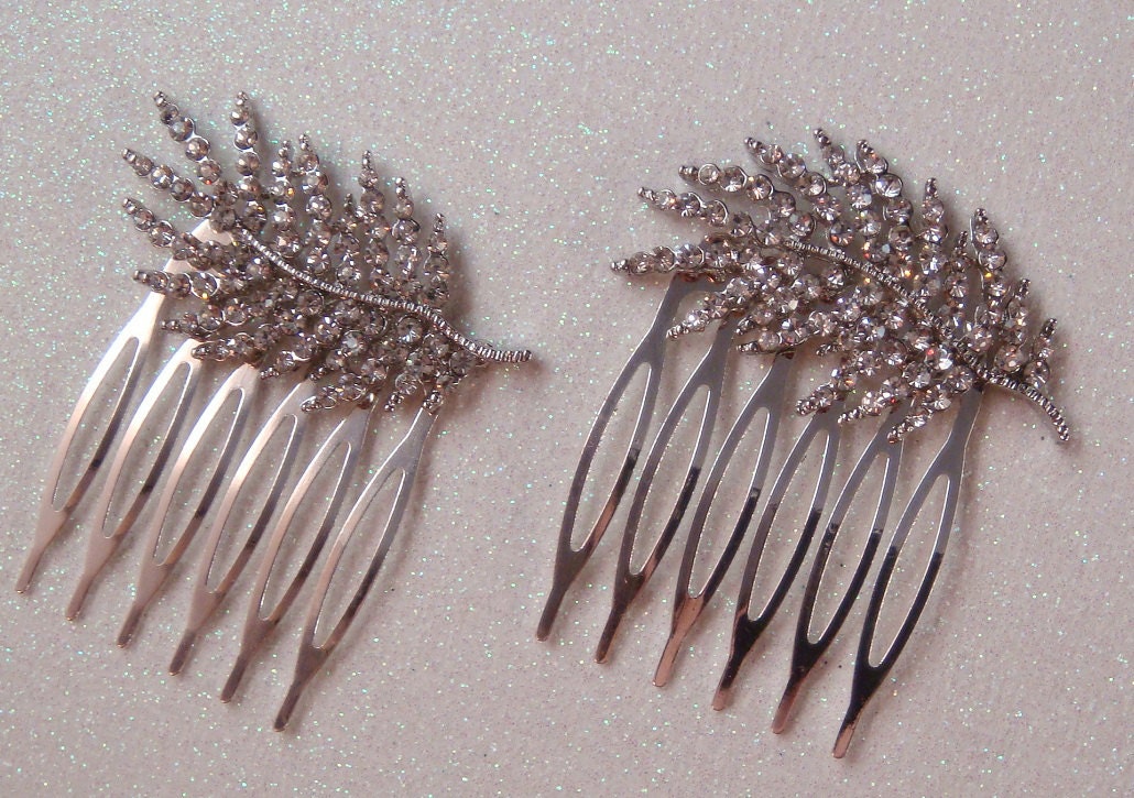 Feather Rhinestone Hair Combs / Set of 2, silver or gold / leaf hair comb bridal rhinestone hair comb