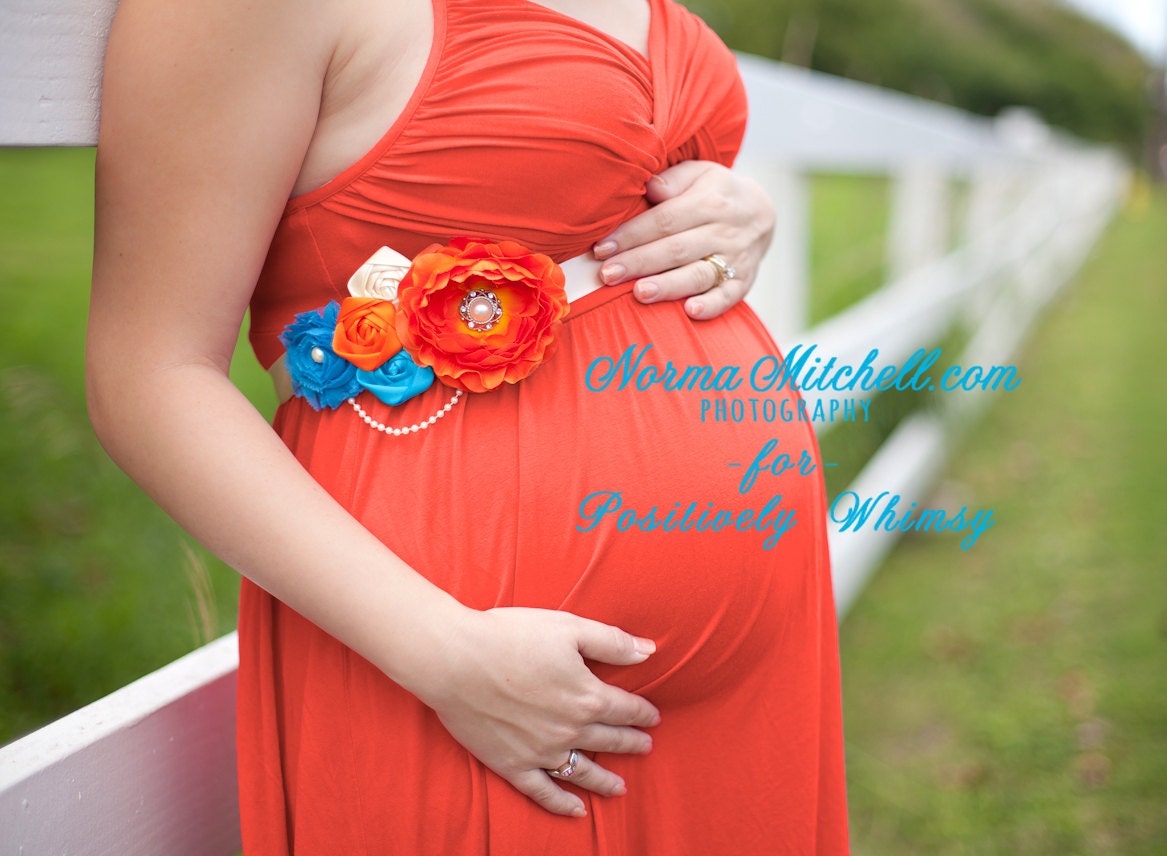 Maternity Sash Baby Boy - Orange Blue Maternity Sash, Bridal Sash, Belt, Headband, Wedding -  Photo Prop