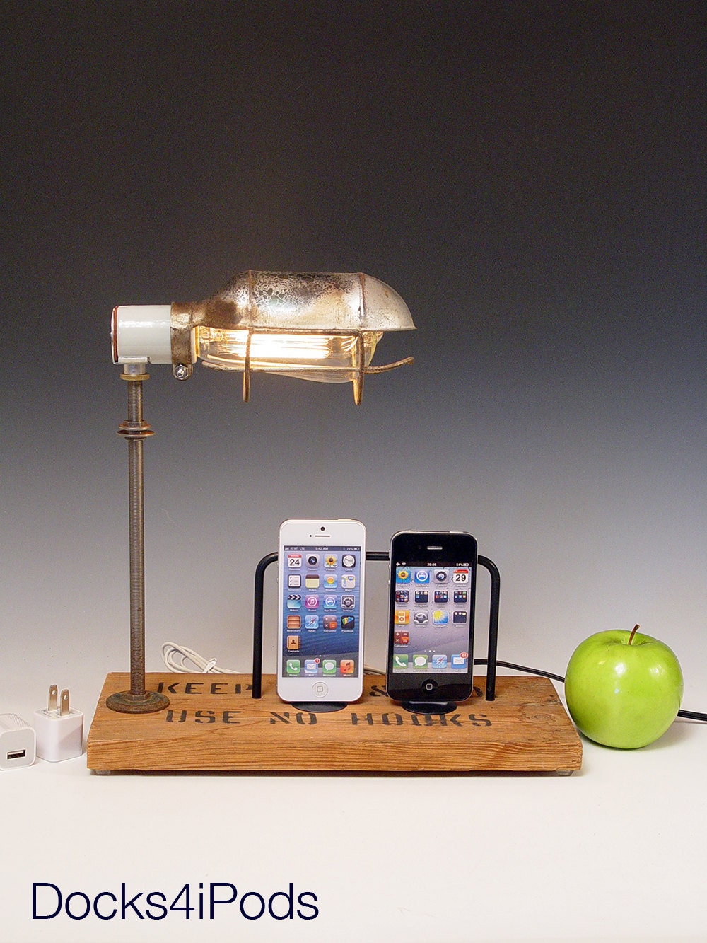 Double docking station for iPhone 3, 4 or 5. Table lamp. 500. Steampunk. Industrial. Recycled. DockLamp.