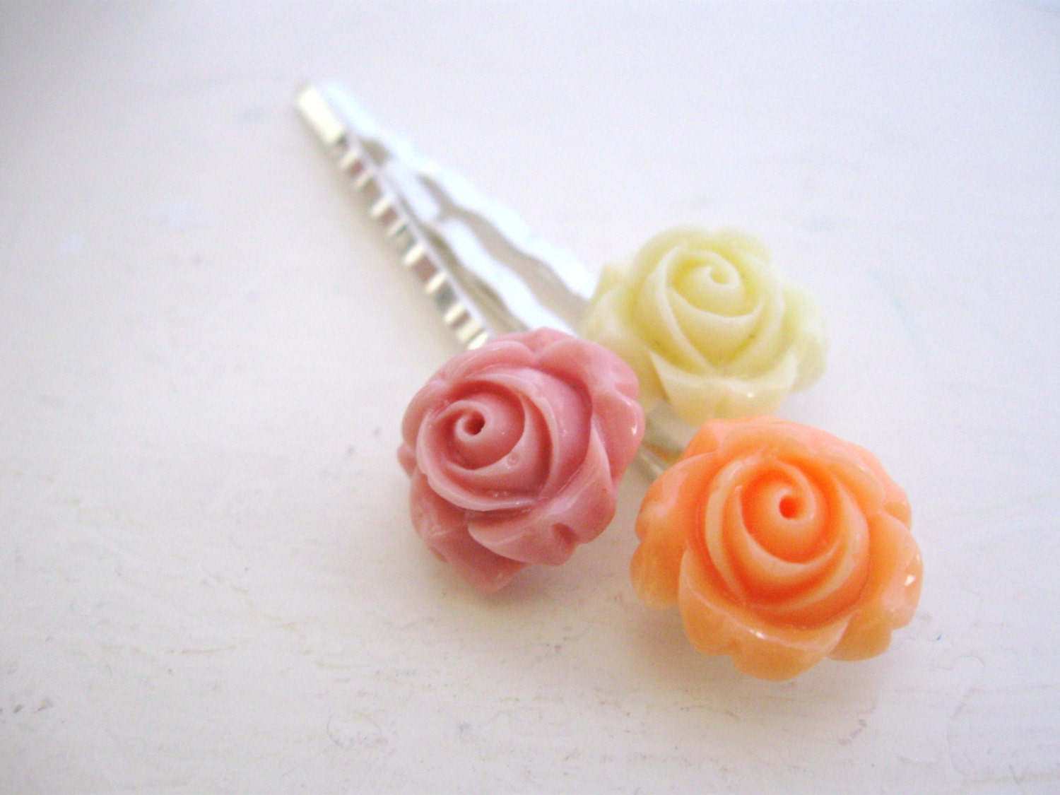 Rose Garden bobby pin trio - Dusty Rose Pink, Blush Peach, and Ivory Creme rose flower bloom hair pins