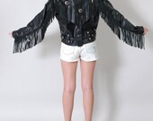 Vintage Fringe Biker Jacket 80s Leather Black Fringe Southwestern Leather Motorcycle Jacket M Festival