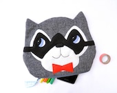 8inch brown raccoon zipper pouch with a orange bowtie -  in tweed
