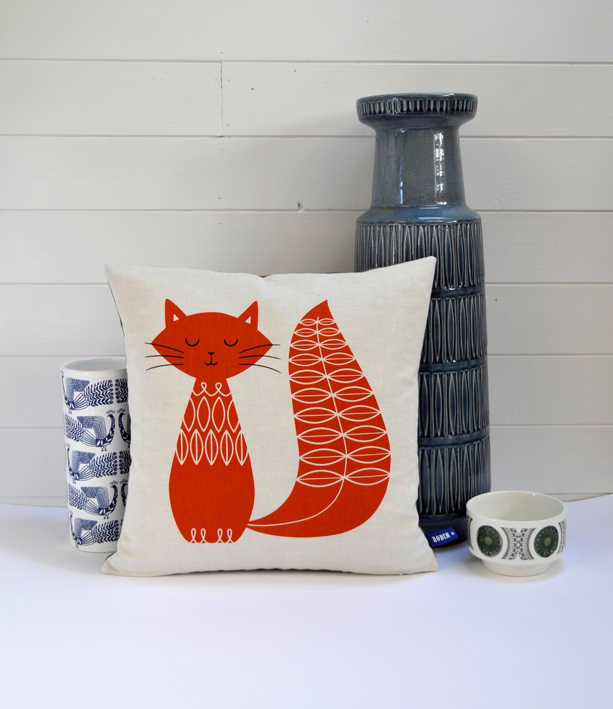 NEW Hand Screen Printed Cat Cushion Cover in Burnt Orange