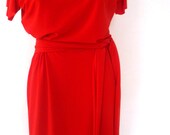 Red dress with ruffle shoulder, attach belt at waist, jersey dress, handmade by Cheryldine