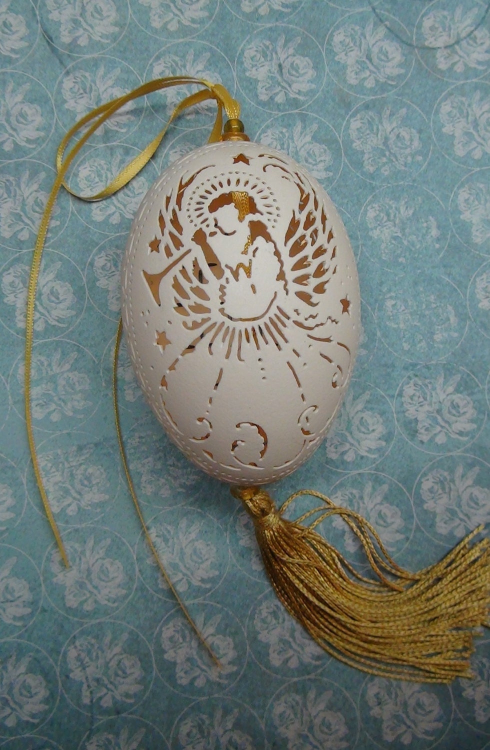 Hand Carved Victorian Lace Large Goose Egg - A Hanging  Angel Ornament