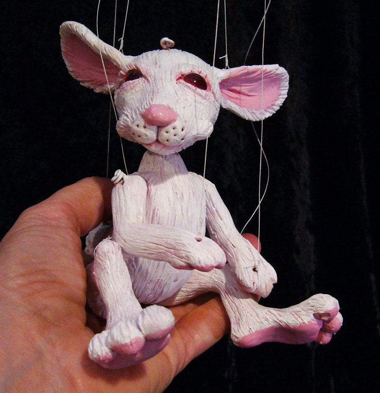 white rabbit marionette, hand-made, OOAK