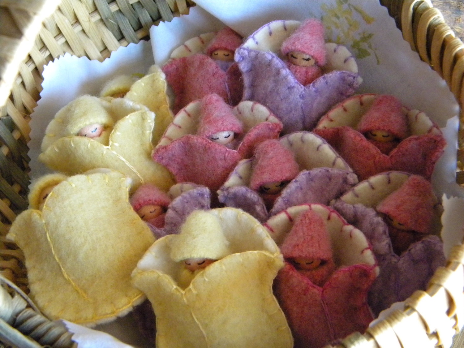 12 Birthday Party Favors, Waldorf Tulip Babies, Upcycled Eco Birthday, Spring flower, Summer, Waldorf Gnome, lavender, pink, white, yellow