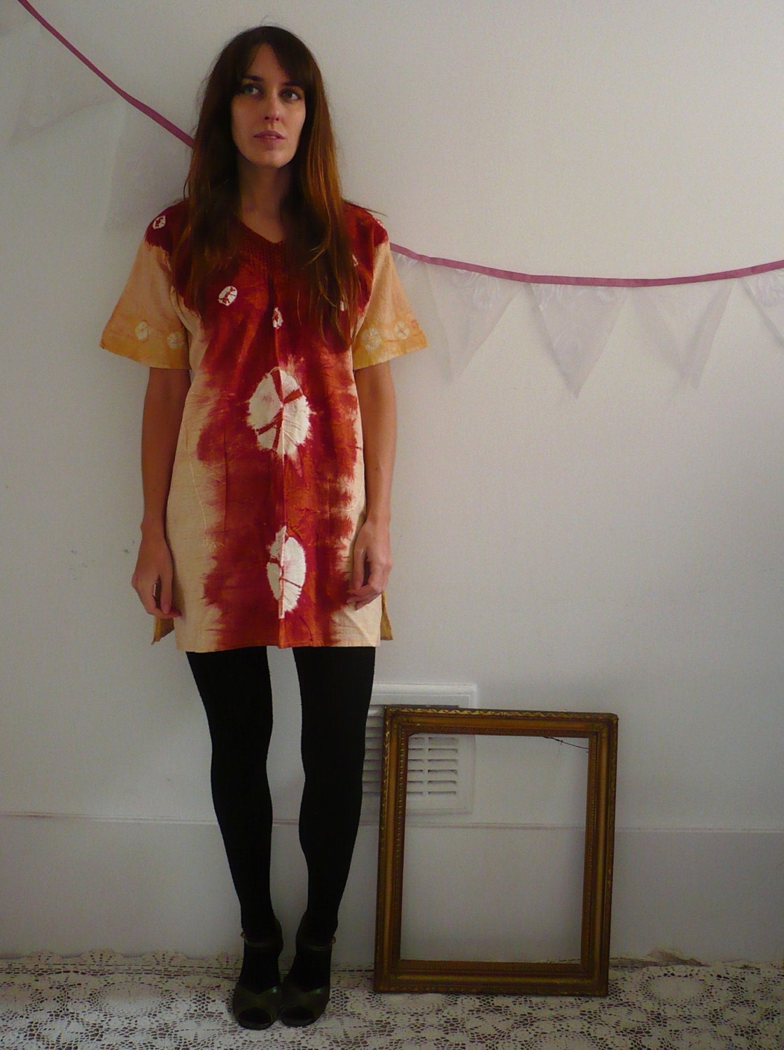 Indian Tie Dye Embroidered Cotton Festival Folk Mini Dress Size S/M