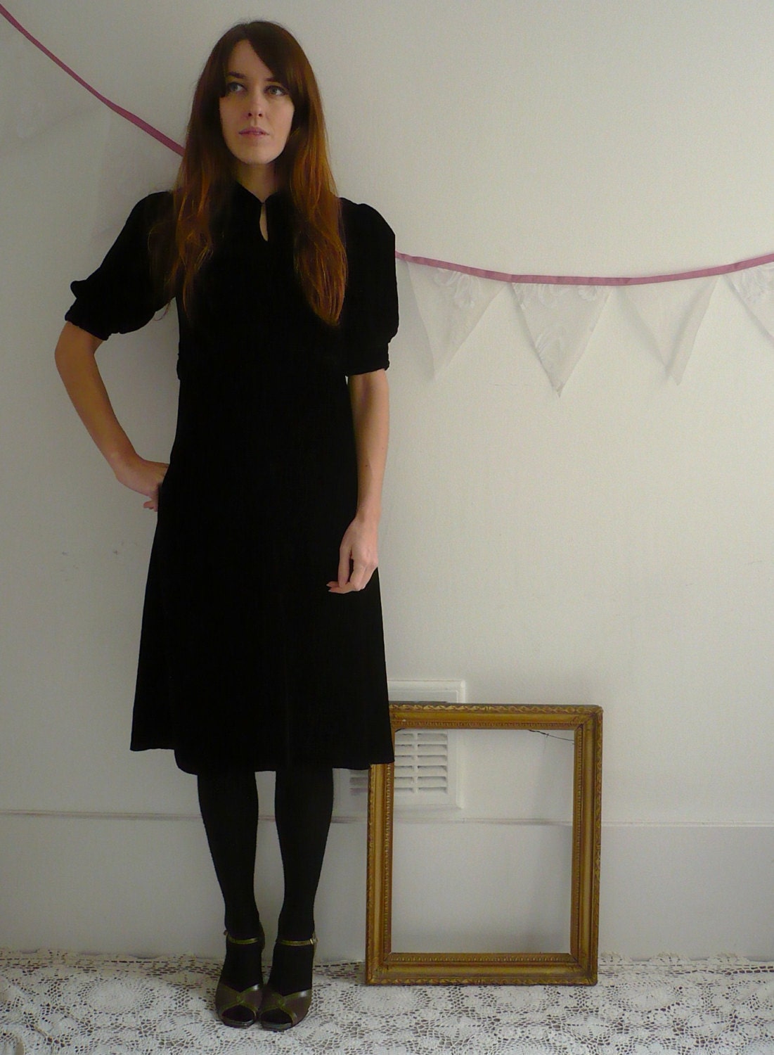 1940's Black Velvet Puff Sleeve Babydoll Dress Size XS