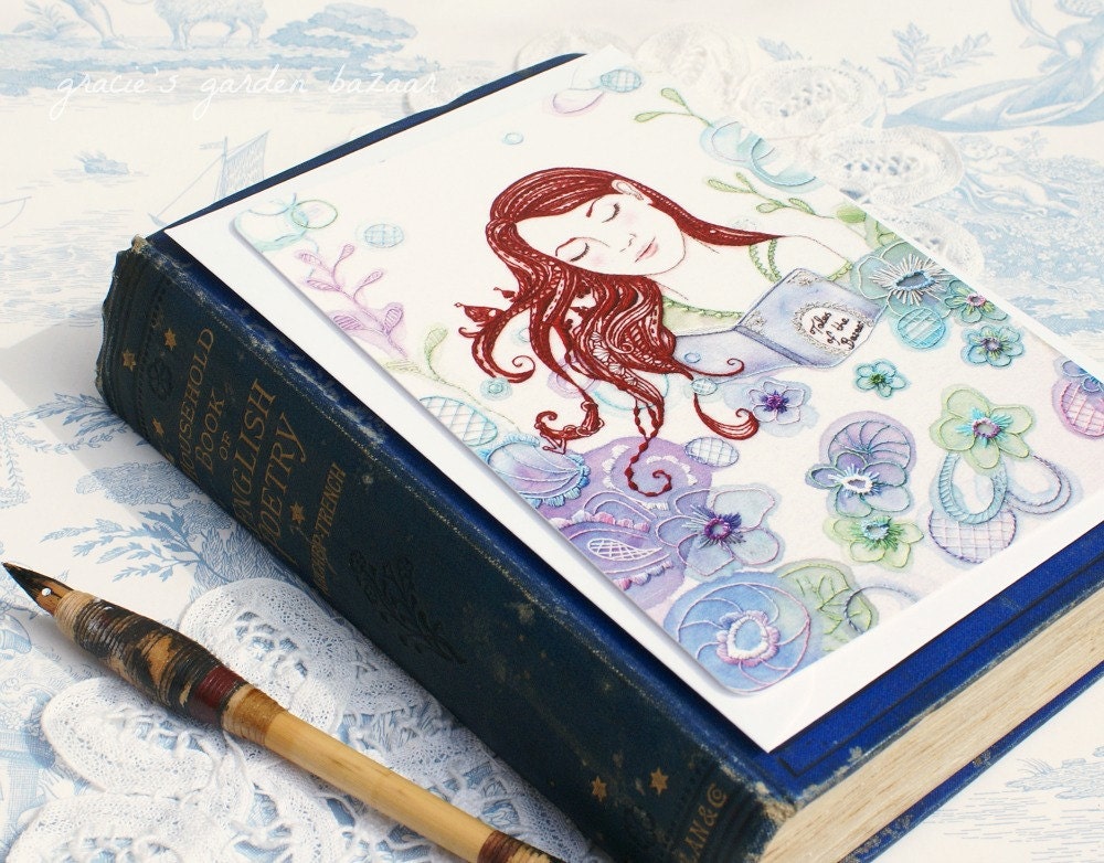 Sleeping Beauty II Postcard Print,embroidered art,floral,hair,woman,blank card,envelope,fairytale,purples,dreamlike