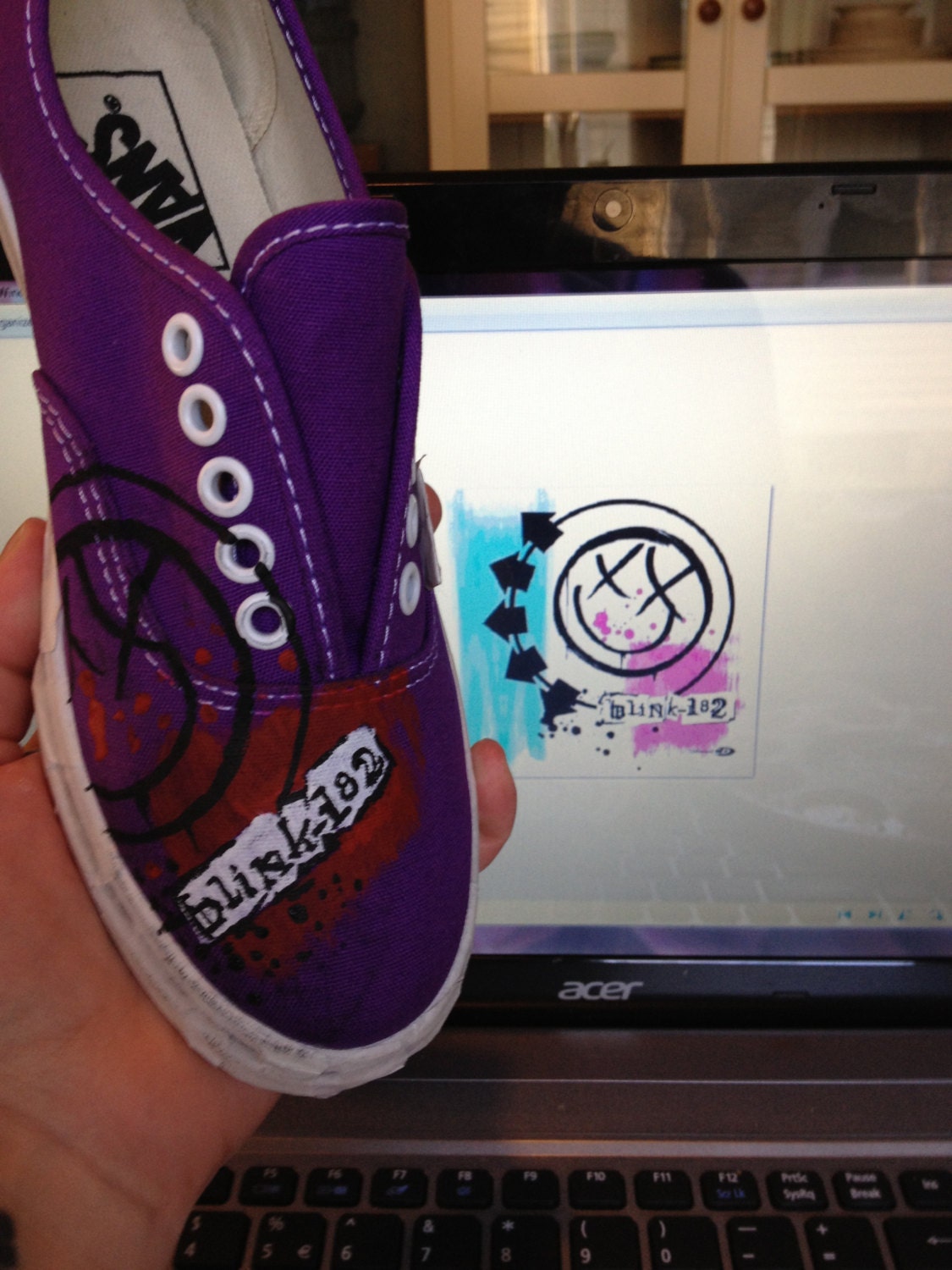 Blink 182 Custom Painted Vans Girls/Women's US Size 6 (Men's US 4.5) Purple/Multi colored.