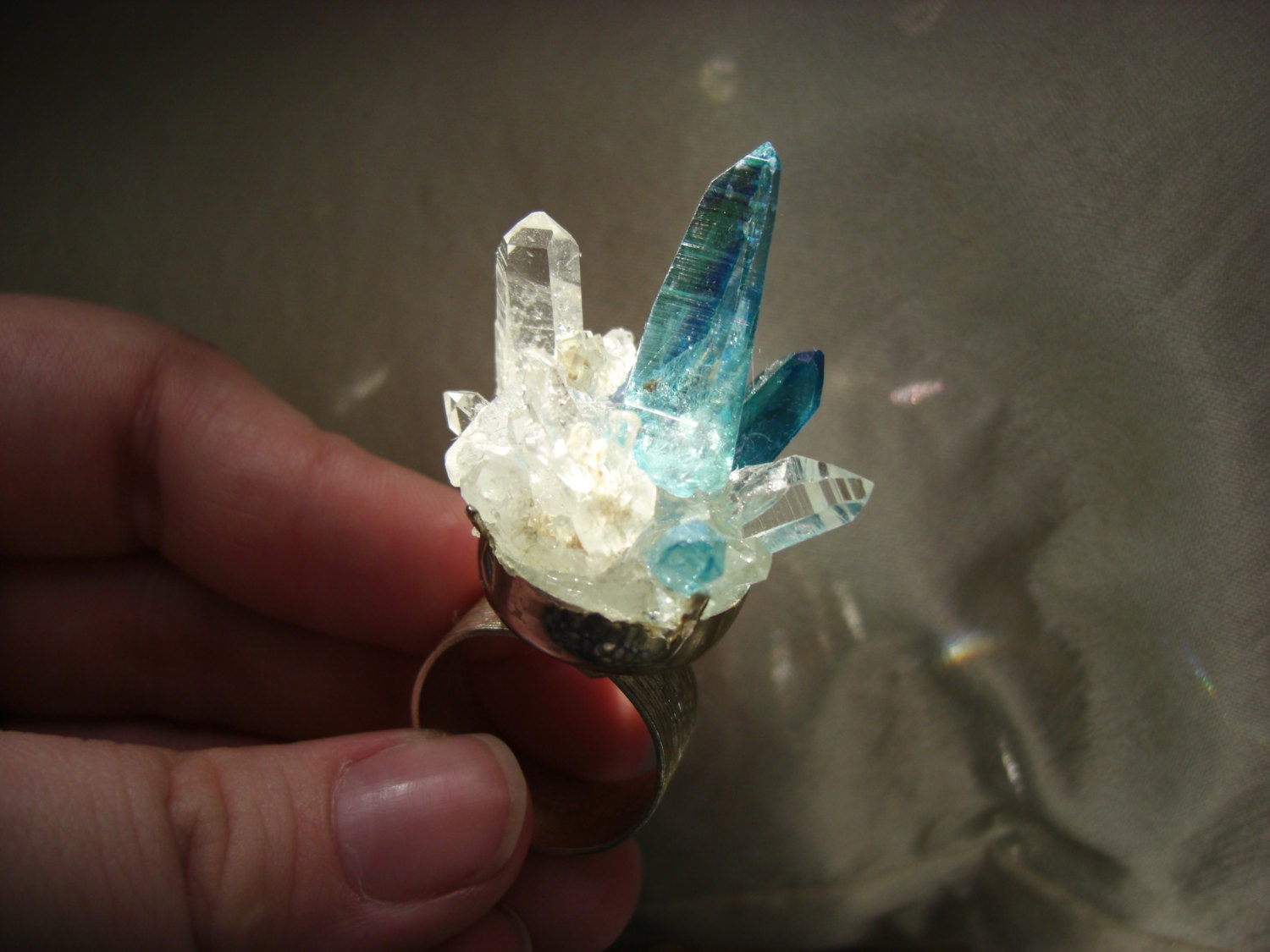 S P A C E  K I T T E N // Aqua Aura and Clear Quartz on silver plated band -- Adjustable