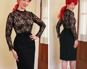 SEXY 1950's Inky Black Hourglass Cocktail Wiggle Dress w/ Sheer Floral Lace Bodice & Rayon Crepe Pencil Skirt - Keyhole Back - Size M to L