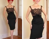 COUTURE Designer 1950's Hourglass Inky Black Rayon w/ Lace Illusion Bust Cocktail Dress by Don Loper of Beverly Hills - Rare - VLV - Size M